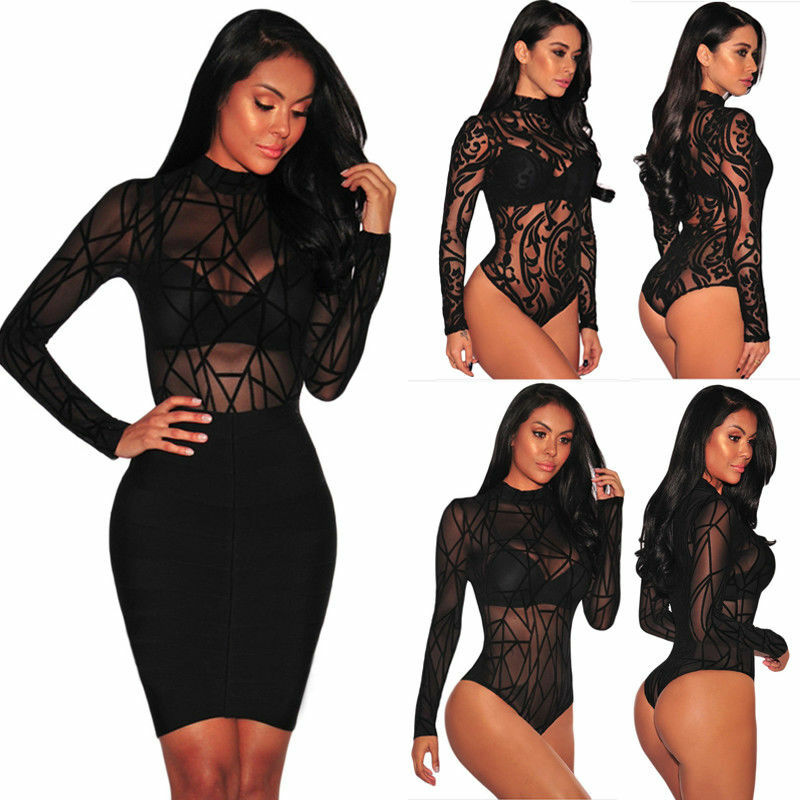 Body Femme per le donne Sexy manica lunga floreale a righe stampato Bodaysuits trasparente nero Club Party pagliaccetto tute