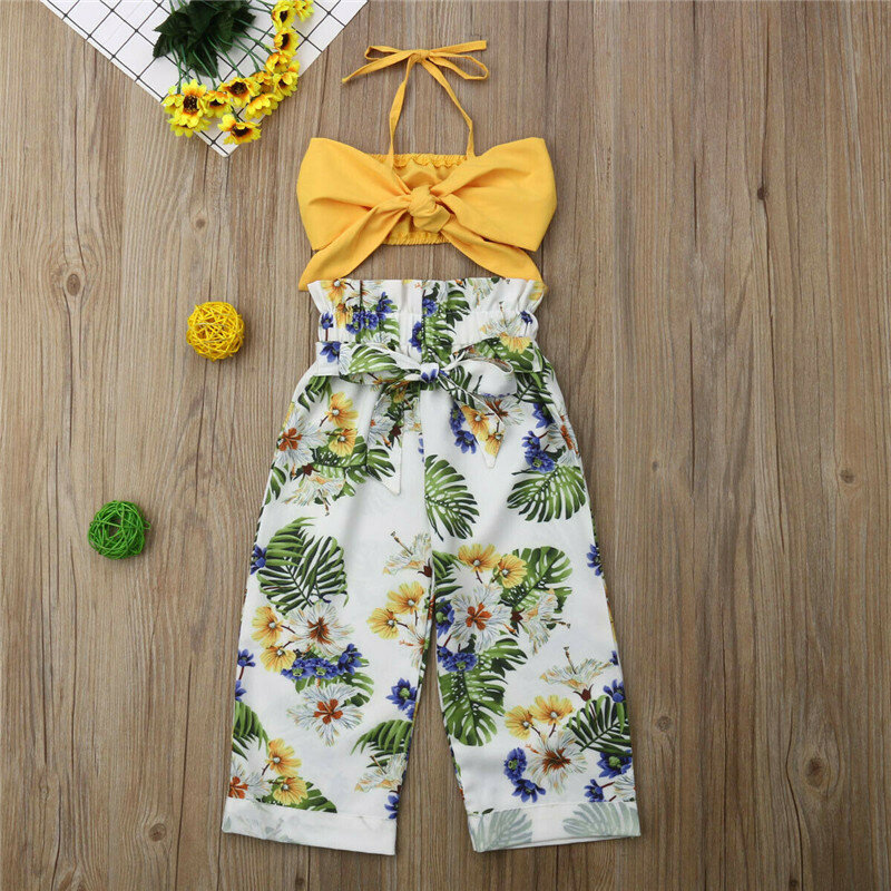 幼児花服女の子ストラップベスト作物トップス + パンツ 2 本の衣類のセット 1-5 t 夏の服