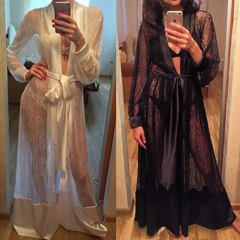 ผู้หญิงเซ็กซี่ซาตินปักลูกไม้ Robe Sleepwear ชุดนอนดูผ่าน Long Robe Lace Up ชุดกิโมโนเสื้อคลุมอาบน้ำ Sleep Nightdress Femme HOT