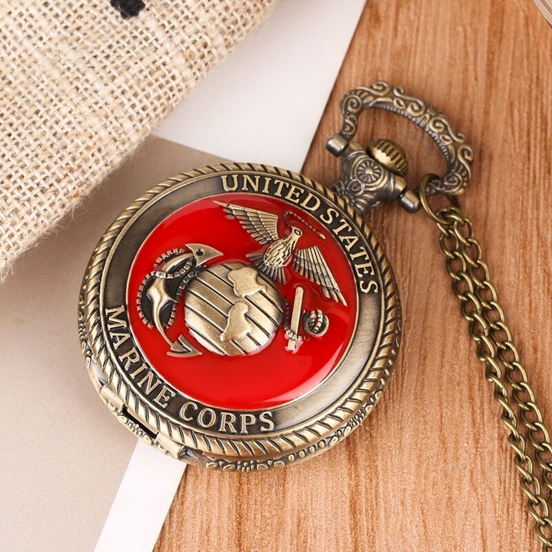 Vintage United State Marine Corps temat kieszonkowy zegarek kwarcowy moda czerwony pamiątka naszyjnik łańcuch zegarek wojskowy najlepsze prezenty