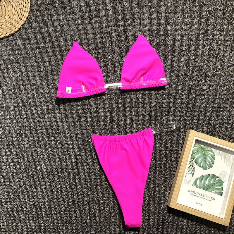 Colysmo 2019 Sexy Micro Bikini Set Women Swimsuit Chic Clear Straps Padded Bra Push Up Swimwear Neon Pink Maillot De Bain Femme