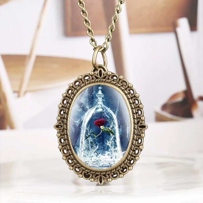 Beauty and the Beast Red Rose in a Glass Dome Quartz Pocket Watch with 80cm Necklace Pendant Romantic Souvenir Gift Collectibles