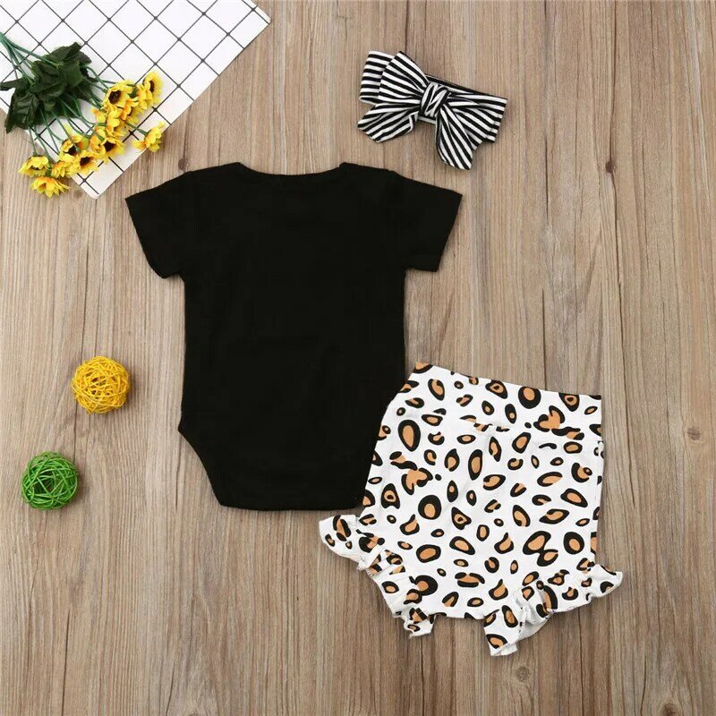 Милый комплект летней одежды для новорожденных; Комплект одежды из 2 предметов с леопардовым принтом для маленьких девочек костюм с коротки...
