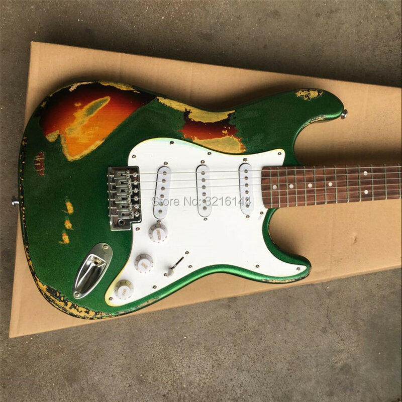 Em estoque guitarras de relíquia antigas feitas à mão, fotos reais, atacado e varejo. Faça guitarras antigas, cor verde metálico