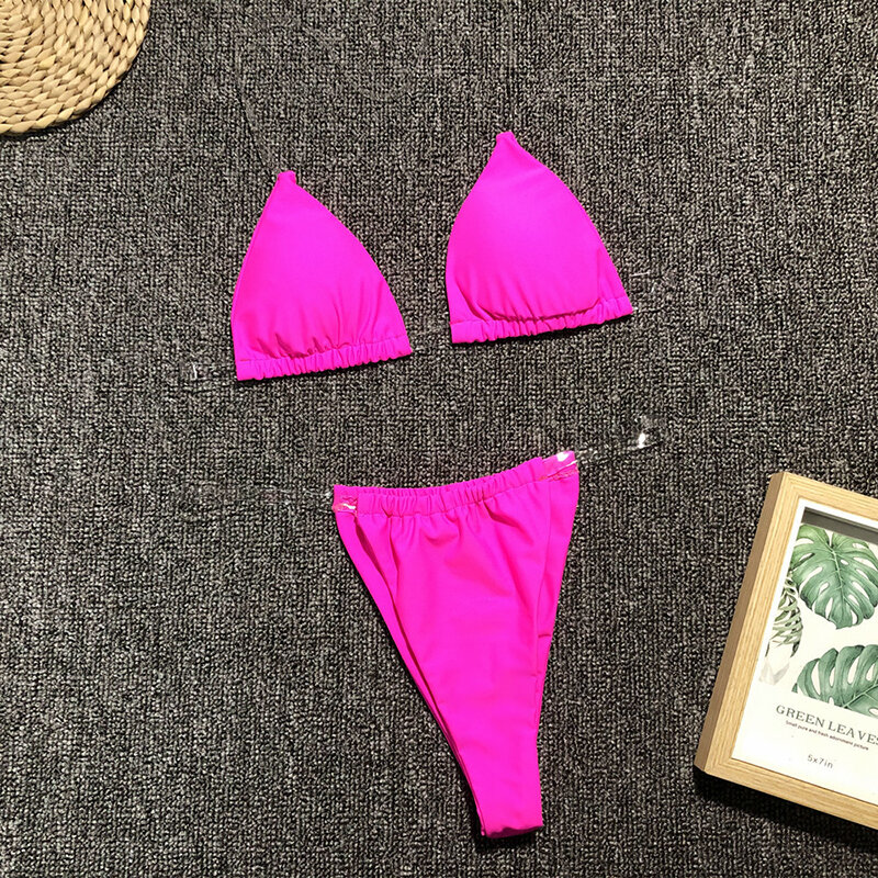 Colysmo 2019 Sexy Micro Bikini Set Women Swimsuit Chic Clear Straps Padded Bra Push Up Swimwear Neon Pink Maillot De Bain Femme