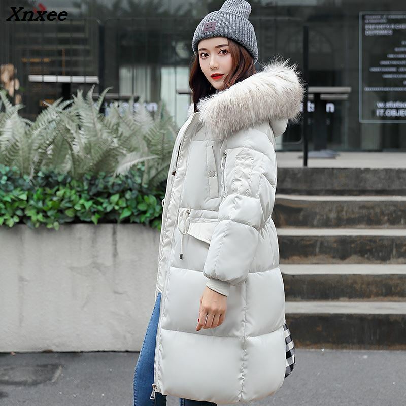 Manteau d'hiver Long en coton avec capuche épaisse pour femme, Parka avec col en fourrure, 2018