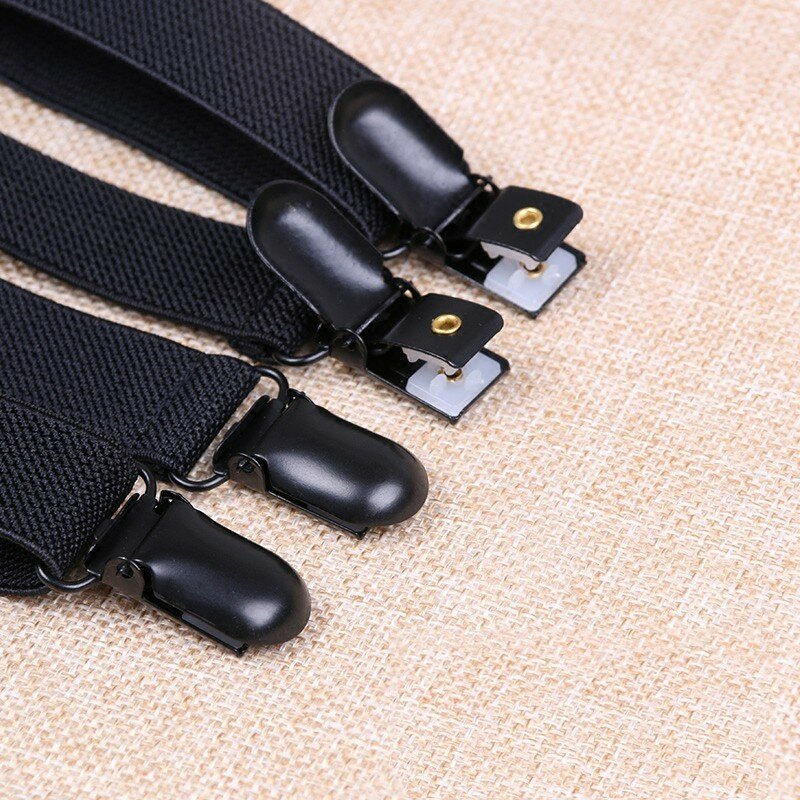 Suspensórios de couro cruzado de metal masculino, fivela chapeamento preto, moda sólida, estilo britânico, pulseira de 4 clipes, suspensórios elásticos, 2cm x costas