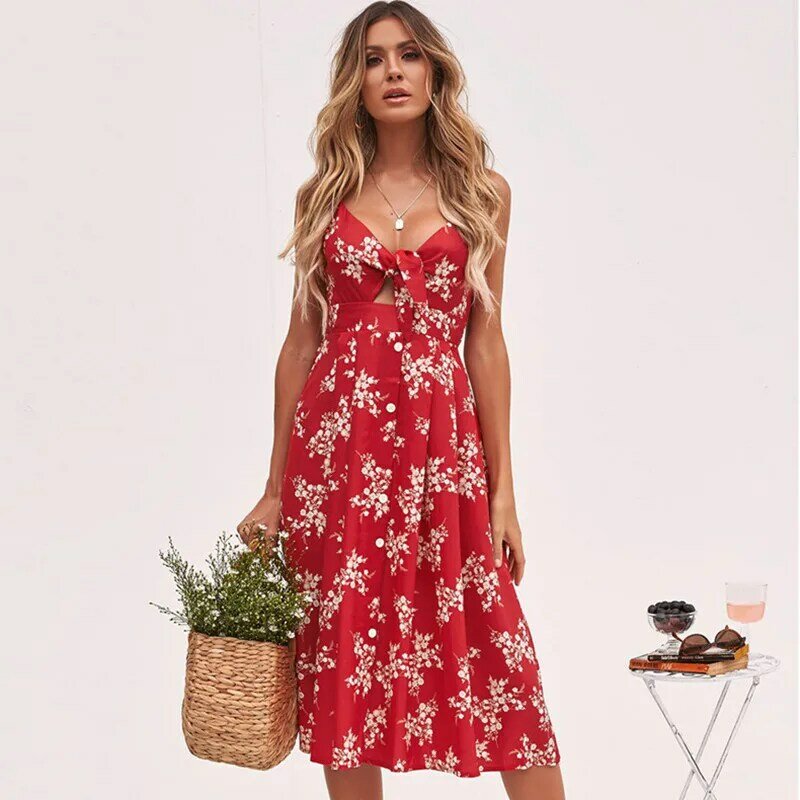 Vestido de verano para mujer Sexy estampado Floral largo Maxi vestidos espalda descubierta playa vestido sin tirantes Casual botón Plaid Sundress