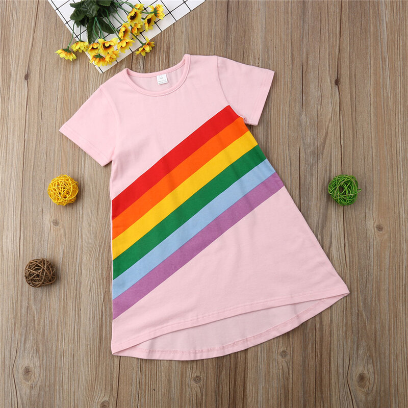Pudcoco Baby Meisjes 100% Katoenen jurk meisje regenboog cartoon jurk meisje ldress
