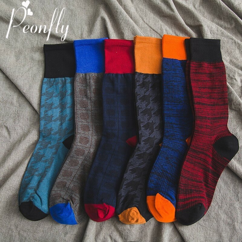 PEONFLY men fashion Stitching sock colorful lattice Striped patterns male Casual Comfortable High Quality business cotton socks