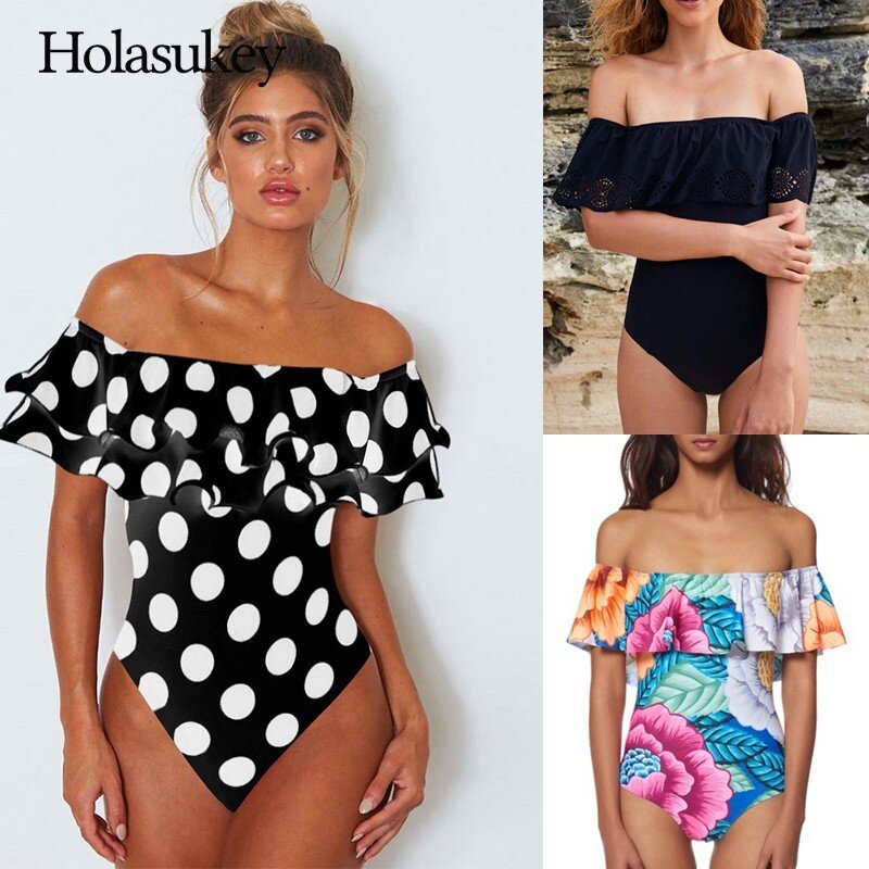 HolaSukey Sexy 2019 Solid Bikini nuevo traje de baño de una pieza para mujer Ruffles Bikinis Set estampado mujeres traje de baño Monokini Dot Biquini
