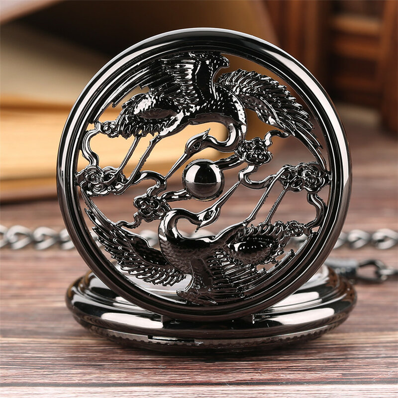 Luxury Mechanical Pocket Watch Black Hollow Double Crane Pocket Watches Roman Numerals Dial Pendant Clock Gifts for Men Women