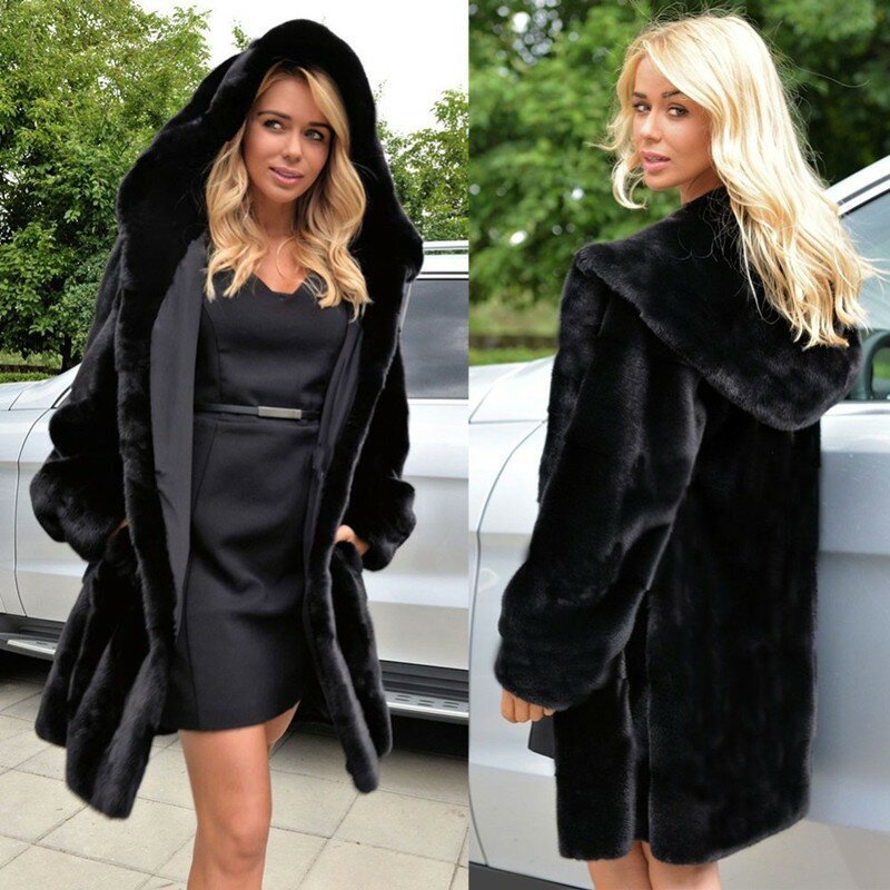 Mantel Mode Baru Eropa dan Amerika Musim Gugur dan Musim Dingin Mantel Bulu Imitasi Hoodie Bagian Panjang Mantel Bulu Imitasi Ramping