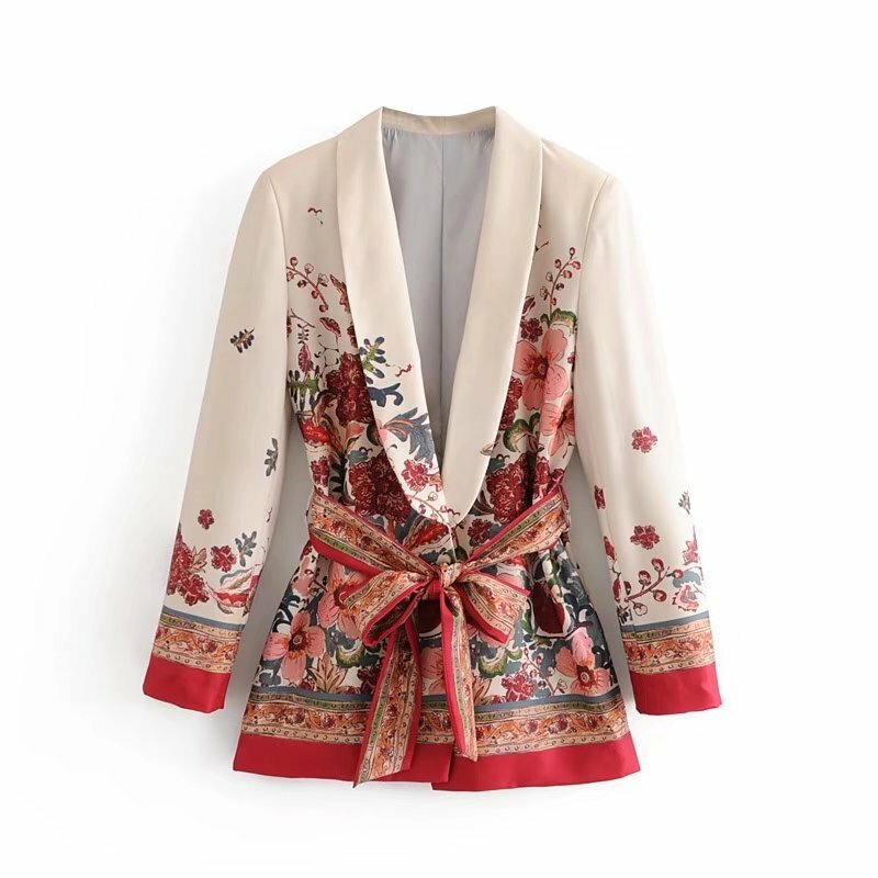 Vintage Print Weibliche Anzug Jacke Mit Gürtel Breite Bein Hose Anzug Set Harajuku Frauen Mantel 2020 Frühling Elegante Outwear Dame blazer