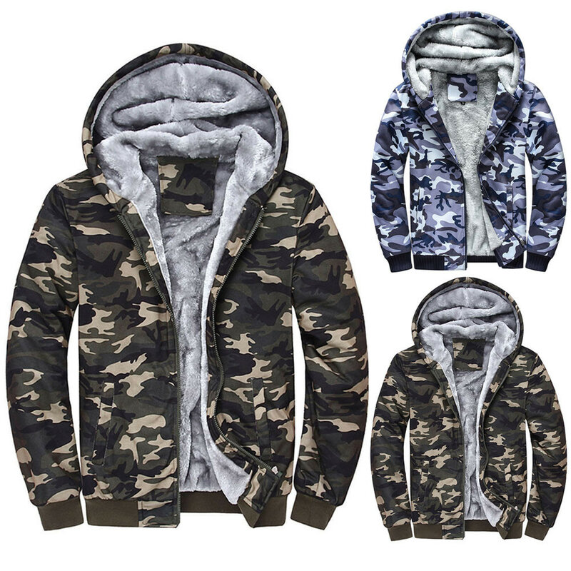 Rebicoo-카모플라쥬 후드 자켓 남성용, 따뜻한 플리스 지퍼 스웨터 아웃웨어 코트, 겨울 의류