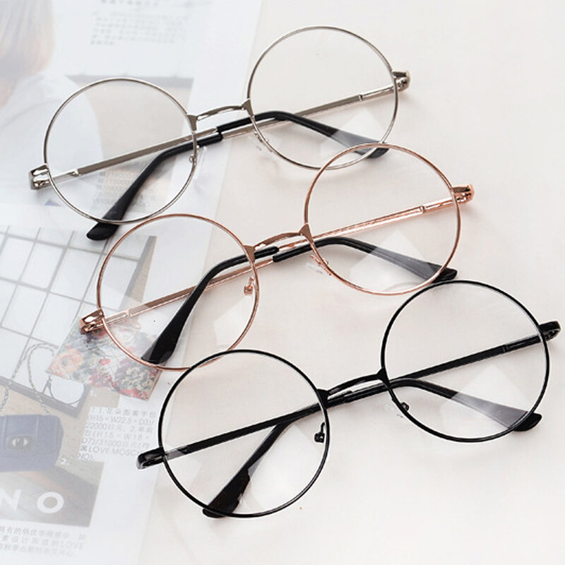 Kacamata Lensa Jernih Bingkai Logam Retro Vintage Mode Kacamata Kutu Buku Kacamata Besar Lingkaran Bulat