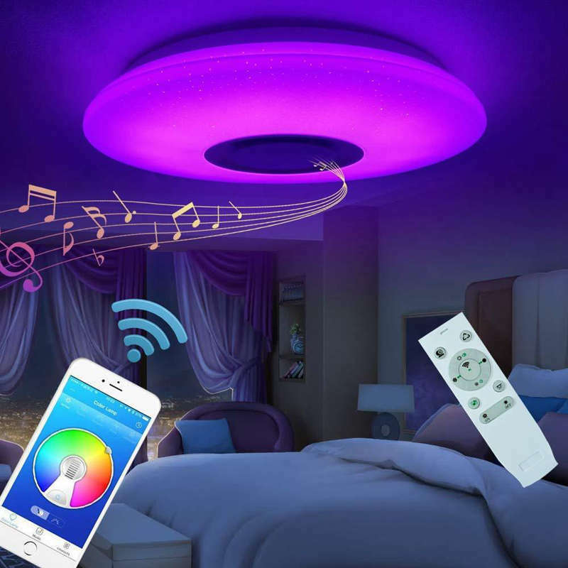 Lámpara de luz Led de techo de música Starlight redondo con montaje empotrado Rgb de 60W con Altavoz Bluetooth, accesorio de luz que cambia de Color regulable