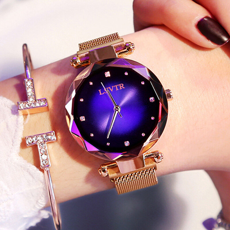 2019 relojes de lujo de oro rosa, pulsera de moda para mujer, diamante, vestido de mujer, cielo estrellado, reloj de pulsera de cuarzo magnético, reloj femenino