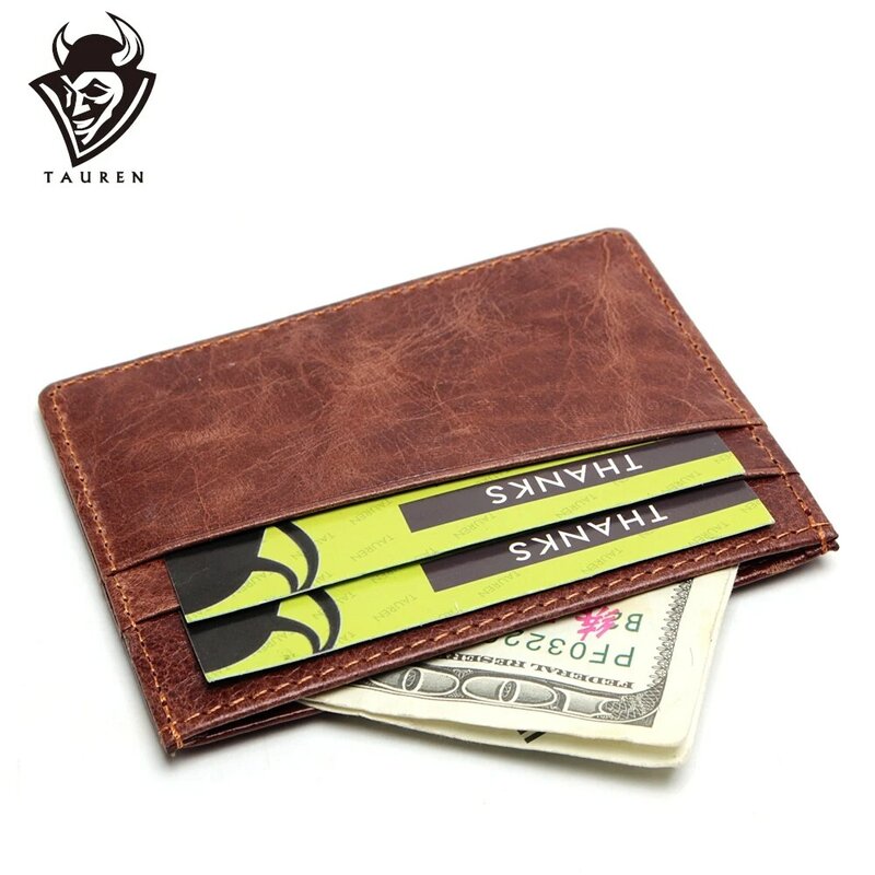 Carteira em couro legítimo para homens e mulheres, mini capa fina para guardar cartão de crédito, café e documentos