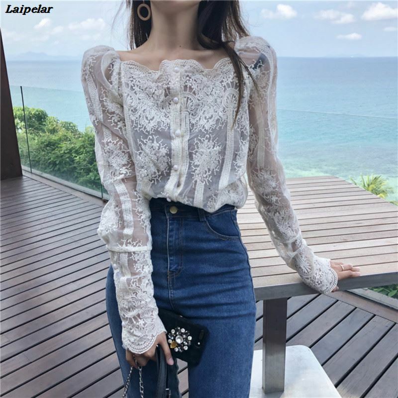 Slash-Neck collar Hook Mesh Pearls Shirts Strapless Lace bottoming shirt long-sleeve Gauze Stitching Blouse Single-breasted Tops