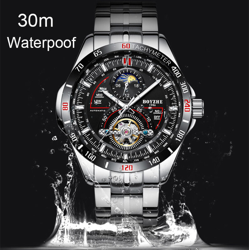 BOYZHE mężczyźni automatyczny mechaniczny modny top marka Sport zegarki Tourbillon faza księżyca ze stali nierdzewnej zegarek ze stali relogio masculino