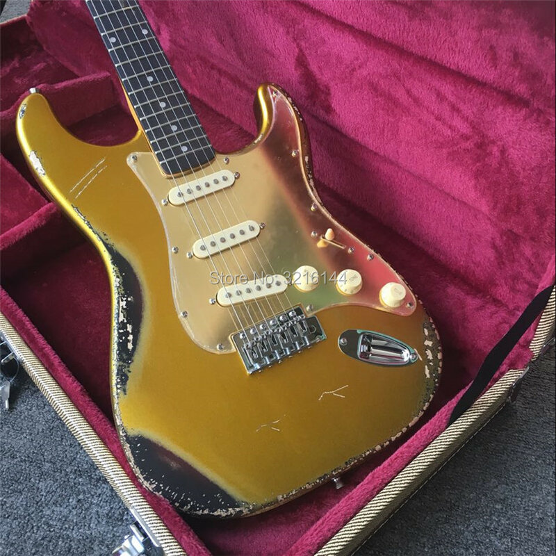 Em estoque, inventário de guitarra elétrica antiga. Ouro, guitarras relíquias antigas, fotos reais, placa de espelho dourado