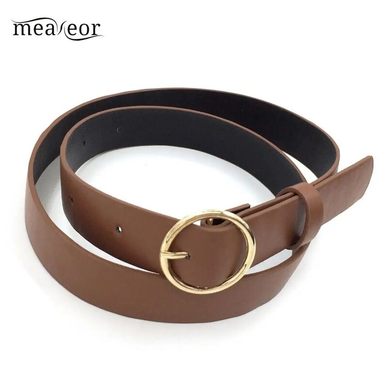 Meaneor Fashion Women Belt Solid Round Shape Buckle Waist Belt Casual Leather Belts for Men Women Strap Brand Classic Belt