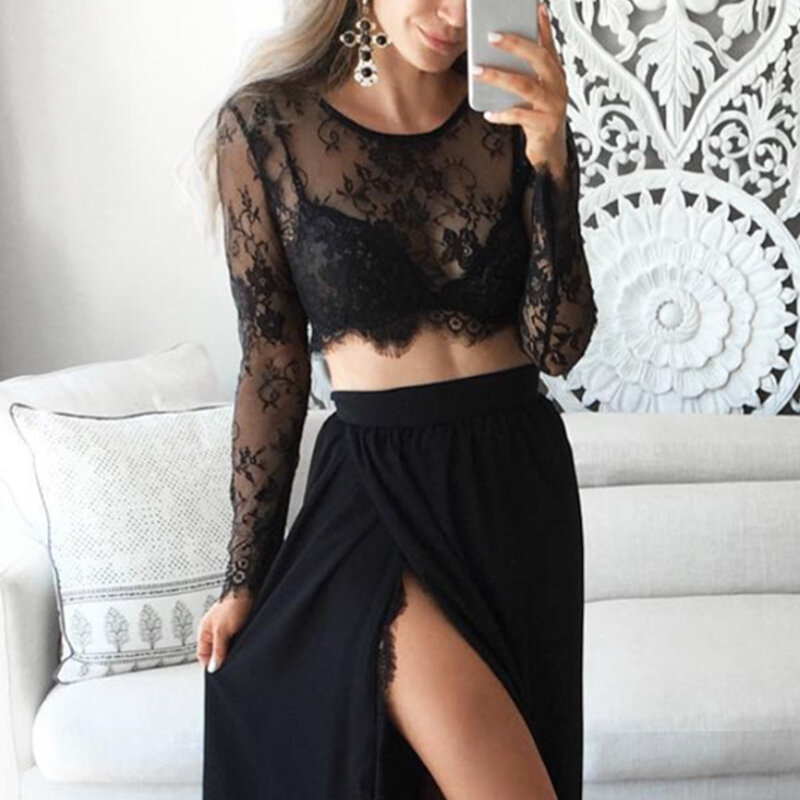Vrouw Zomer Blouse Mesh Slim Perspectief Navel Sexy Stijl Kant Crop Tops O-hals Wit Zwart Strand Bloem Blouse Tees Clubwear