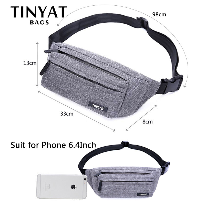 TINYAT-Bolsa de cinto funcional casual masculina, bolsa de cintura masculina, cinto grande, telefone e dinheiro, bolsa de viagem cinza