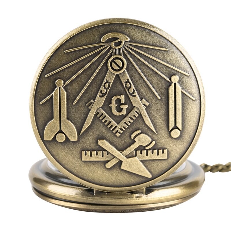 Bronze Freimaurer Freimaurerei Chrom Quadrat und Kompass Mason Retro Halskette Anhänger Quarz Taschenuhr Beste Geschenke für Freimaurer