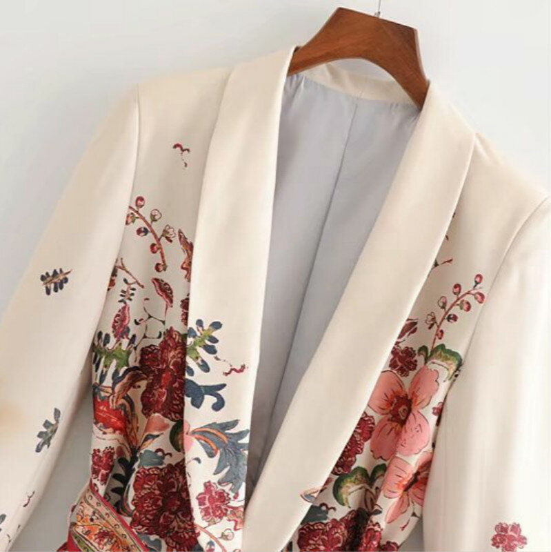 Nadruk w stylu Vintage damski garnitur kurtka z paskiem szerokie spodnie nogi komplet garniturów Harajuku damski płaszcz 2020 wiosna elegancka odzież wierzchnia Lady Blazer