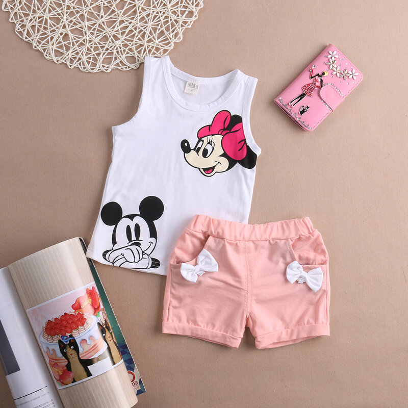 Pudcoco, conjunto de ropa de verano para niña, conjunto de 2 piezas de dibujos animados, Minnie Mouse, 2-4 T, ropa de bebé, chaleco, Top + Pantalones cortos, trajes de chándal