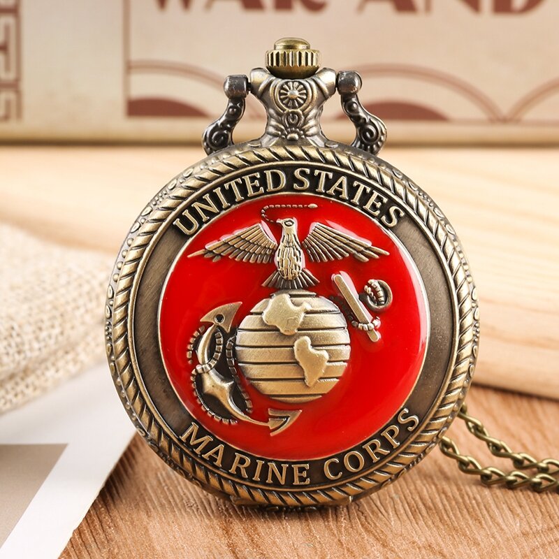 Reloj de bolsillo de cuarzo con tema del cuerpo de marines de los estados unidos, colgante de recuerdo rojo Vintage, cadena de collar, reloj militar, regalos superiores