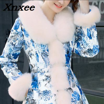 Женское пальто из лисьего меха корейская мода с принтом длинное женское пальто зимняя куртка теплые хлопковые парки Xnxee