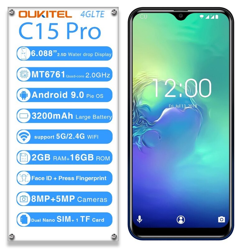OUKITEL C15 Pro 2.4G/G Wi-fi 4 5G LTE Smartphone Android 9.0 MT6761 Fingerprint ID Rosto Água cair Tela 2 GB 16 GB Telefone Móvel