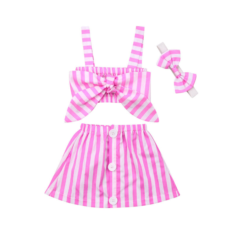 Pretty Summer Stripe Clothes Newborn Kid Baby Girl Outfits Bowknot Strap Sleeveless Top Button Skirts 2Pcs Baby Girl Sets