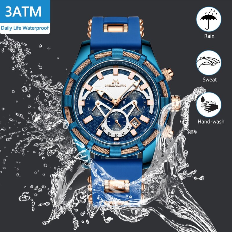 Relojes de pulsera de cuarzo cronógrafo deportivo a prueba de agua con correa de silicona azul de lujo para hombre de MEGALITH