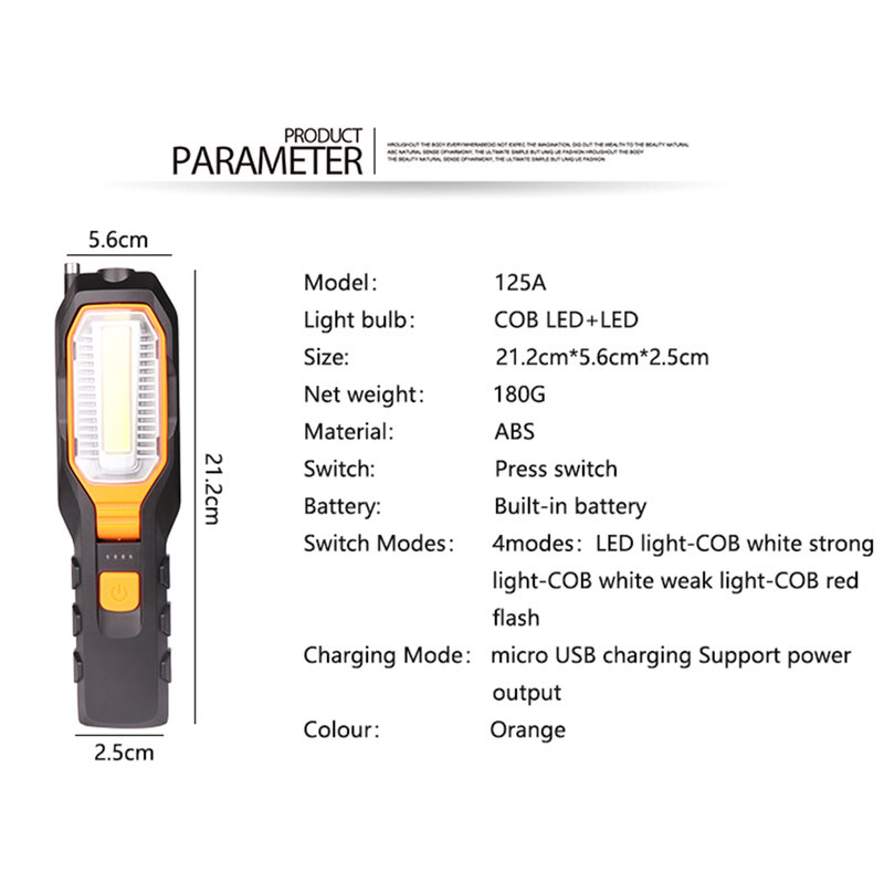 Zhusdeal 2pc cob LEDワークライトUSB充電式超高輝度フレキシブル磁気検査ランプ作業灯フック付き