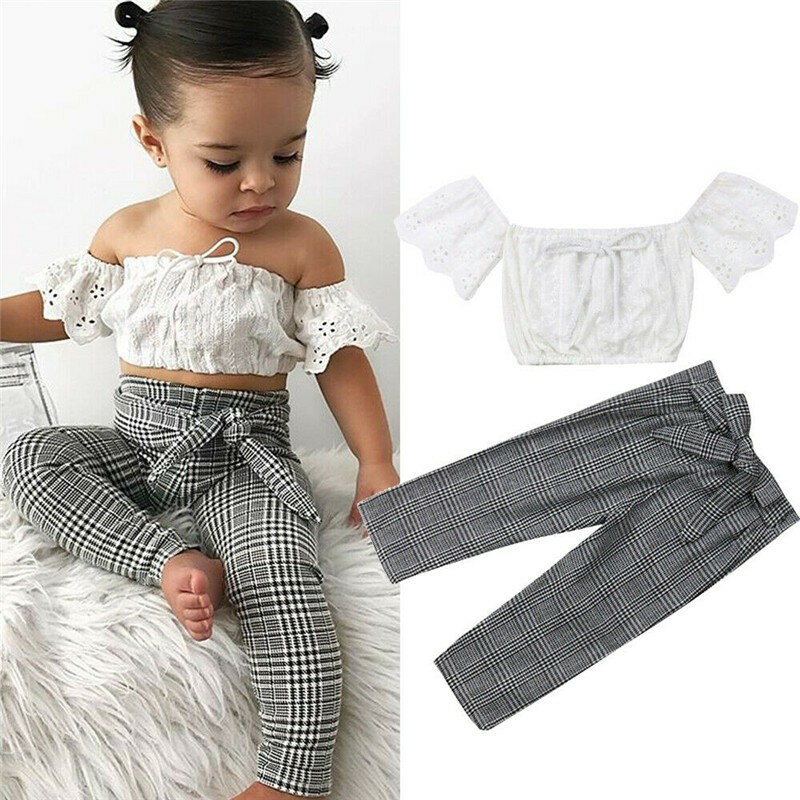 Conjunto de roupas xadrez para meninas, conjunto de roupas de bebê menina com laço e calça cropped, verão 2019 roupas 2 peças
