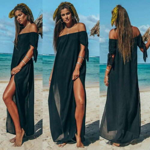 New Women Maxi Summer Beach Long Dress Off Shoulder Holiday Solid Color Cover Up Skirt Swimsuit Beachwear