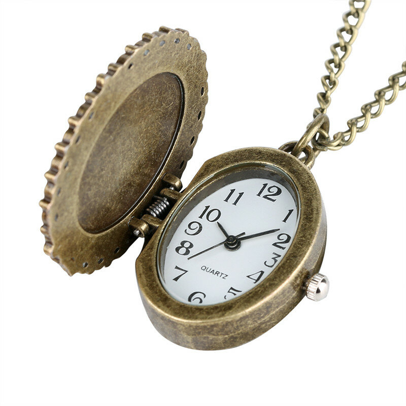 Reloj de bolsillo de tono bronce delicado para Mujer, hermoso patrón de figura en la espalda elegante, regalo ovalado para Reloj de bolsillo