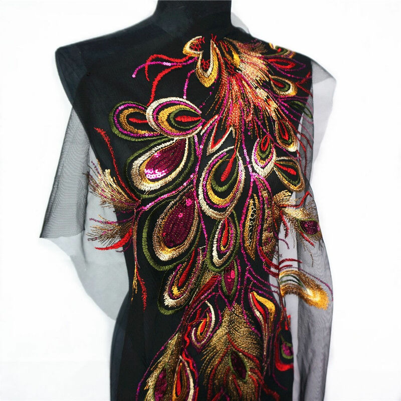 Vestido de novia bordado de lentejuelas rojas y azules, pluma de pavo real Phoenix, malla negra, aplique de encaje, Parche de costura DIY