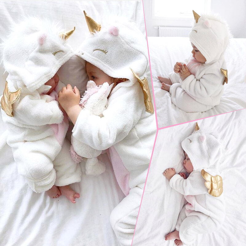 Одежда для новорожденных девочек, осенне-зимний фланелевый теплый комбинезон с длинным рукавом и объемным рисунком единорога на молнии, сп...