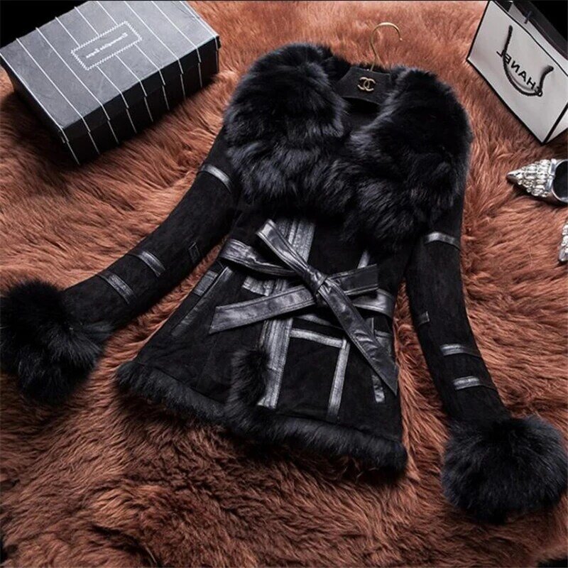 IANLAN 여성용 캐주얼 겨울 진짜 모피 코트, 허리띠 정품 가죽 재킷, 실버 여우 모피 칼라 및 커프 트리밍 IL00005