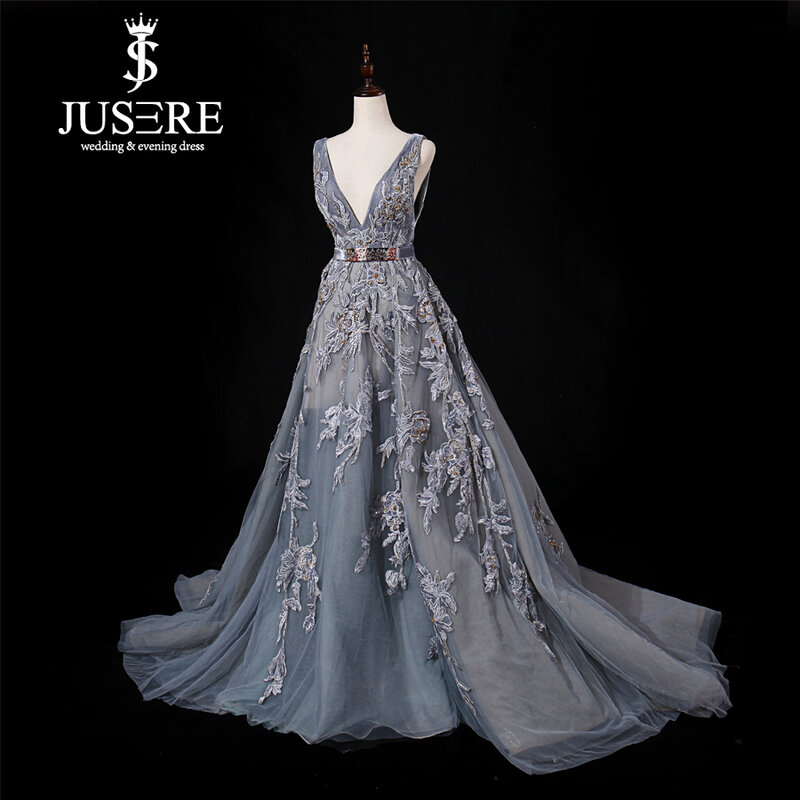 JUSERE-precioso vestido de noche con bordado, escote en V, sin mangas, para fiesta Formal, ZS016, 2019