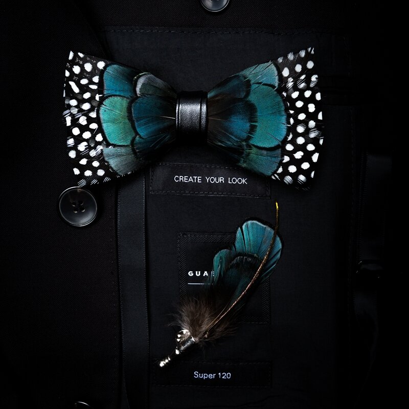 Jemygins design original natural brid pena requintado feito à mão gravata borboleta broche pin conjunto caixa de presente para homens festa de casamento bowtie