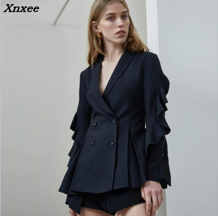 Blazer feminino formal botão duplo sólido babados mangas compridas jaqueta feminina casaco terno blazer feminino escritório blazers