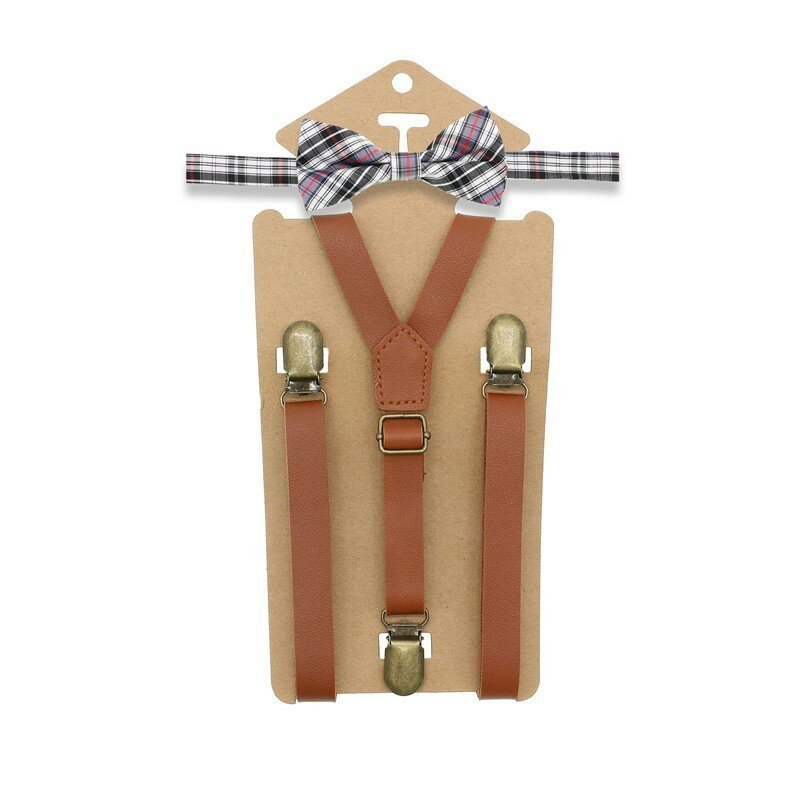 3 Klip Y Back Kid Brown Tan Leather Suspender dan Bow Tie Ring Carrier Bowtie Set Pakaian Ulang Tahun 80*1.5Cm Adjustable