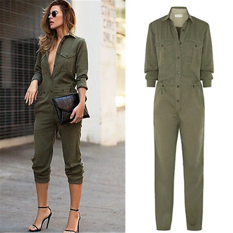 Sexy Women New Fashion Slim Bodycon Jumpsuit Long Sleeve Army Green Solid Casual Bodysuit Ladies Vintage Romper Long Jumpsuit