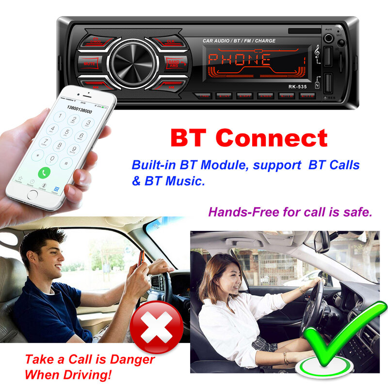 Autoradio stéréo mains libres Bluetooth, lecteur MP3, USB/SD/AUX/FM, 1 Din, récepteur, télécommande sans fil, pour voiture
